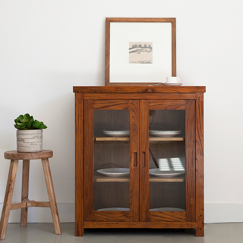 古榆情怀老榆木餐边柜对开门玻璃