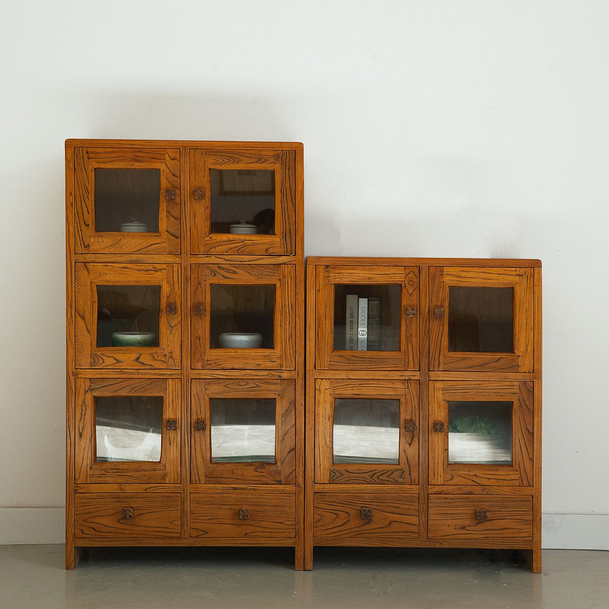 老榆木餐边柜田园玻璃六门储物柜