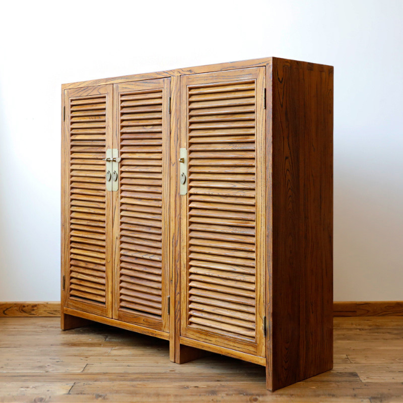 现代简约玄关门厅储物柜对开百叶门榆木鞋柜实木窄鞋架简易可调节