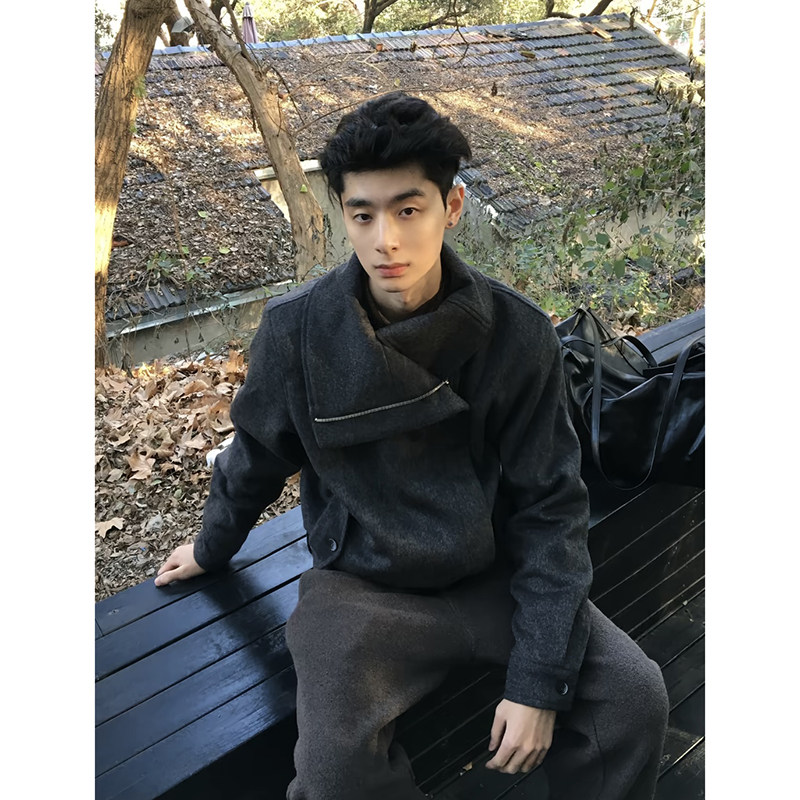 潮流~斜拉链多穿领型正肩廓形毛呢绑带夹克YY73-P128，男装夹克，电商A330-1