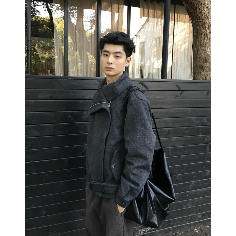 ~斜拉链多穿领型正肩廓形毛呢绑带夹克YY73-P128，男装夹克，电商A330-1