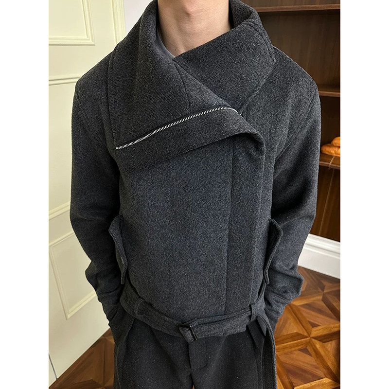 斜拉链多穿领型正肩廓形毛呢绑带夹克YY73-P128，男装夹克，电商A330-1