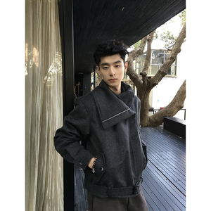 潮流~斜拉链多穿领型正肩廓形毛呢绑带夹克 YY73-P128图片