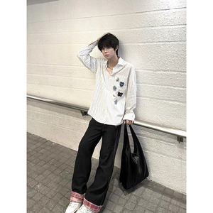 童趣乌托邦 贴布趣味条纹秋冬衬衣长袖男宽松设计感 CS39-P68图片