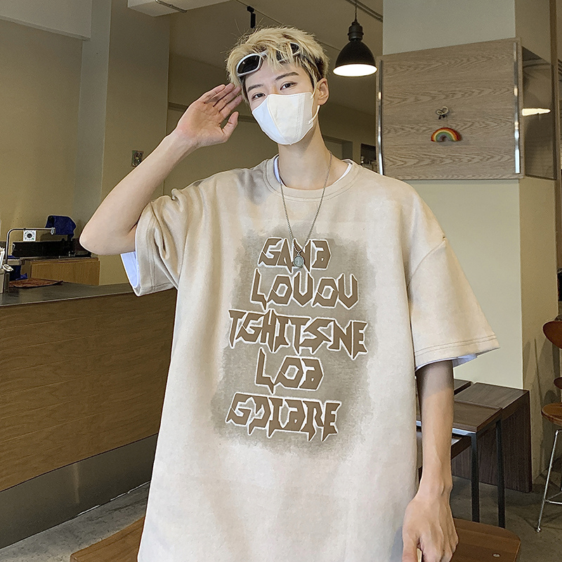 ~港风宽松麂皮绒发泡宽松印花短袖T恤S10-P45，男装T恤，电商A330-1