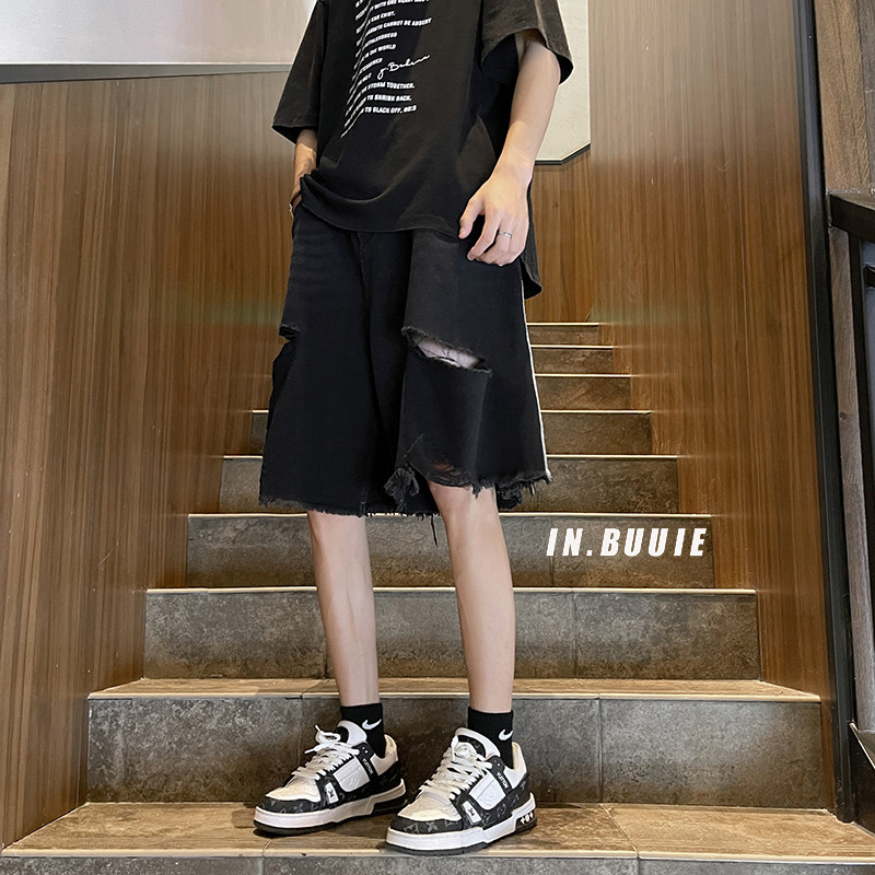~经典三条杠破洞牛仔短裤潮流休闲裤K030-P50控68M-2XL，男装牛仔裤，电商A330-1