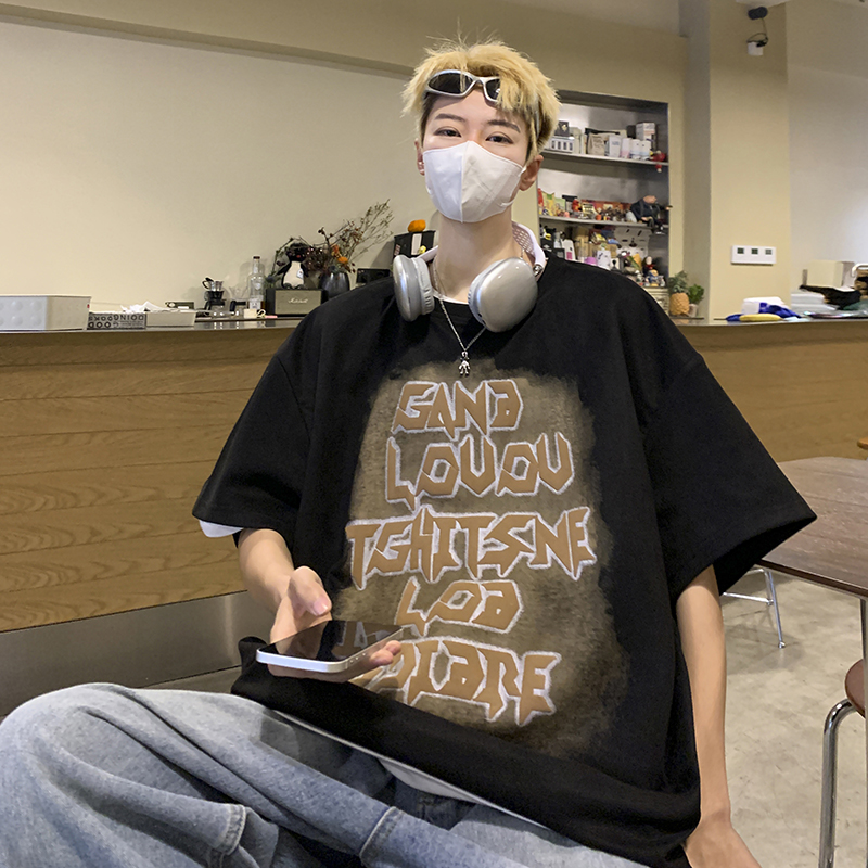 23/夏季港风宽松麂皮绒发泡宽松印花短袖T恤S10-P45，男装T恤，电商A330-1