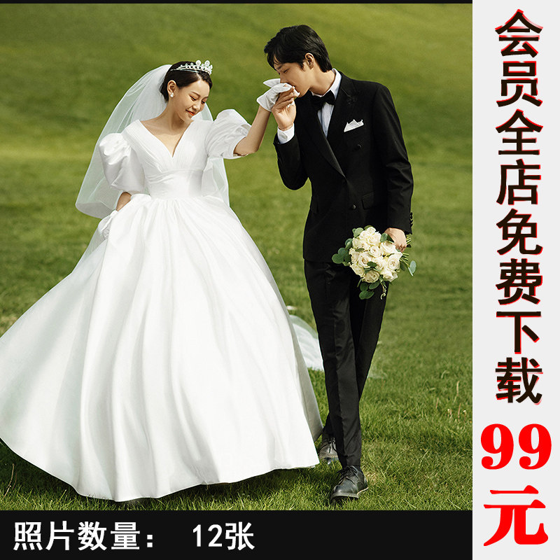 2022影楼工作室高端新款草坪外景森系婚纱照白纱样片素材s358