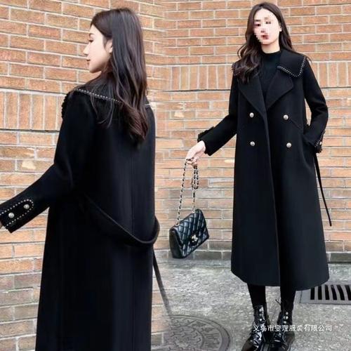秋冬夹棉加厚赫本分毛呢外套女宽松大码西装领过膝长款呢子大衣女