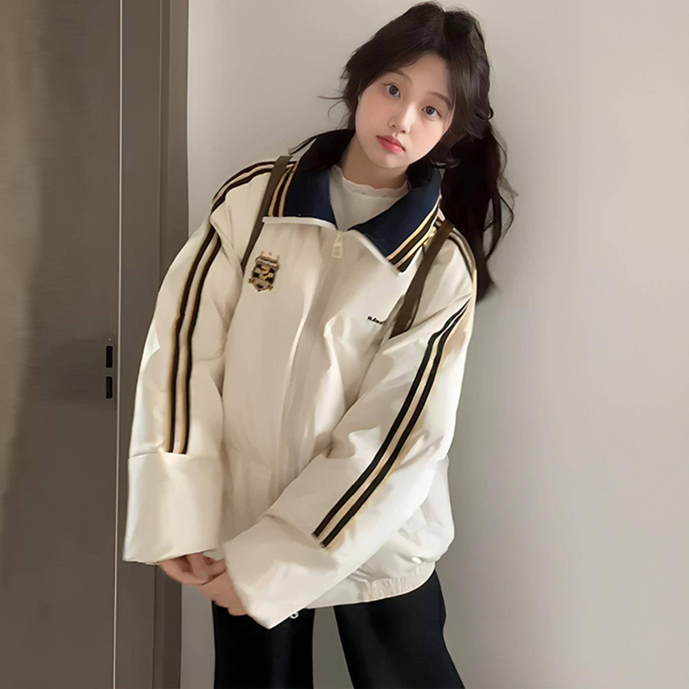 国潮两条杠羽绒棉衣棉服女短款2025冬季学生韩系百搭加厚宽松棉袄