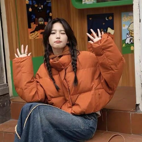 羽绒服ins风橘色2025冬季新加厚短款面包服宽松韩版小个子外套女