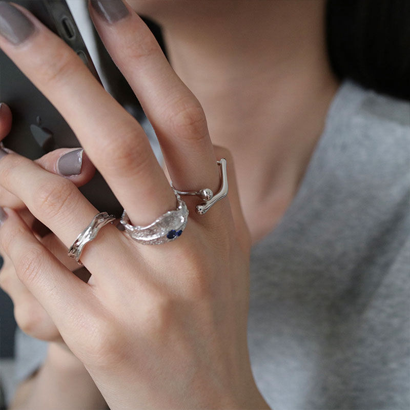 异形锡纸蓝宝石筋骨线条组合戒指环男女小众设计感2023年新款