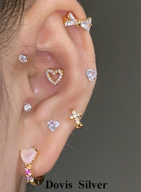 不锈钢镀K金耳骨钉镶嵌锆石心形软骨耳环可爱少女小巧精致耳饰