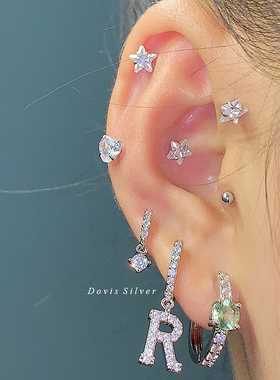 个性简约几何微镶锆石耳圈英文字母满钻皓石简约高级耳环气质耳坠