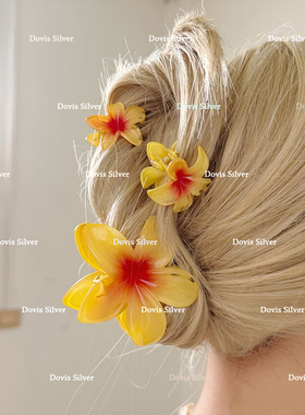 夏日甜美清新双色鸡蛋花抓夹女果冻色度假风发卡渐变透明彩色发夹