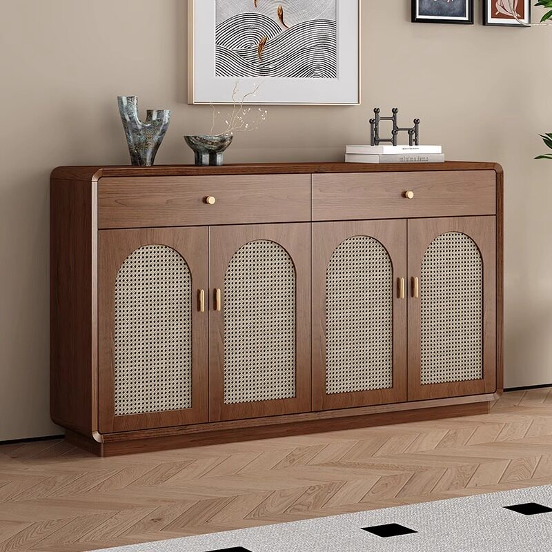 阳漫覆古风藤编鞋柜家用门口实木色靠墙透气胡桃木玄关柜储物柜