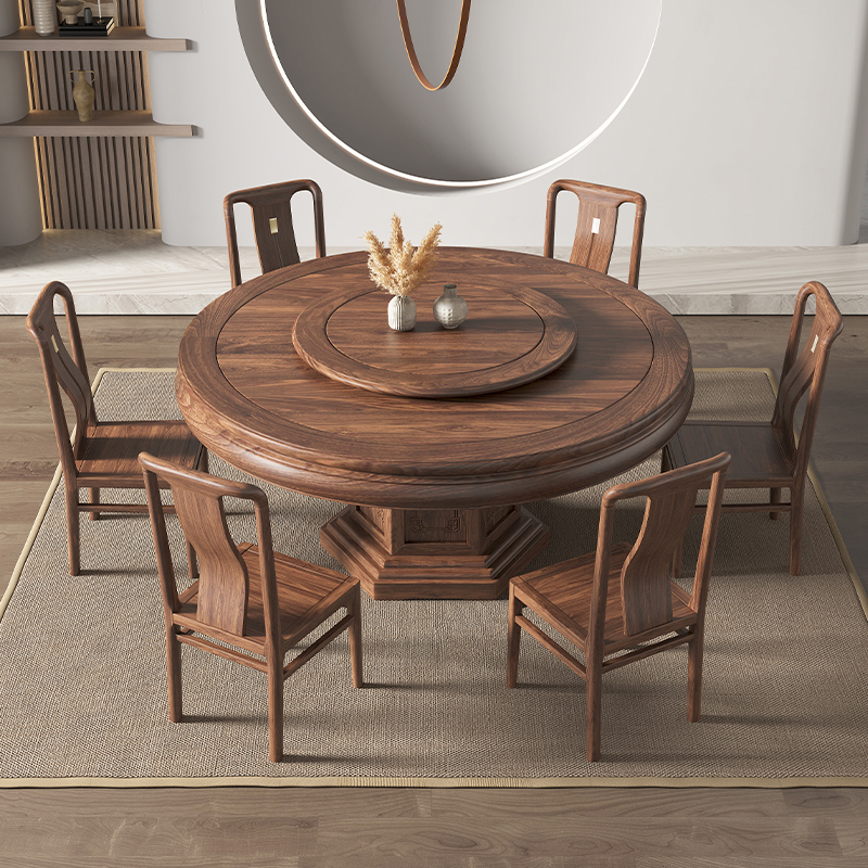 赵匠世家中式覆古实木餐桌椅组合家用客厅吃饭桌大圆桌带转盘饭桌