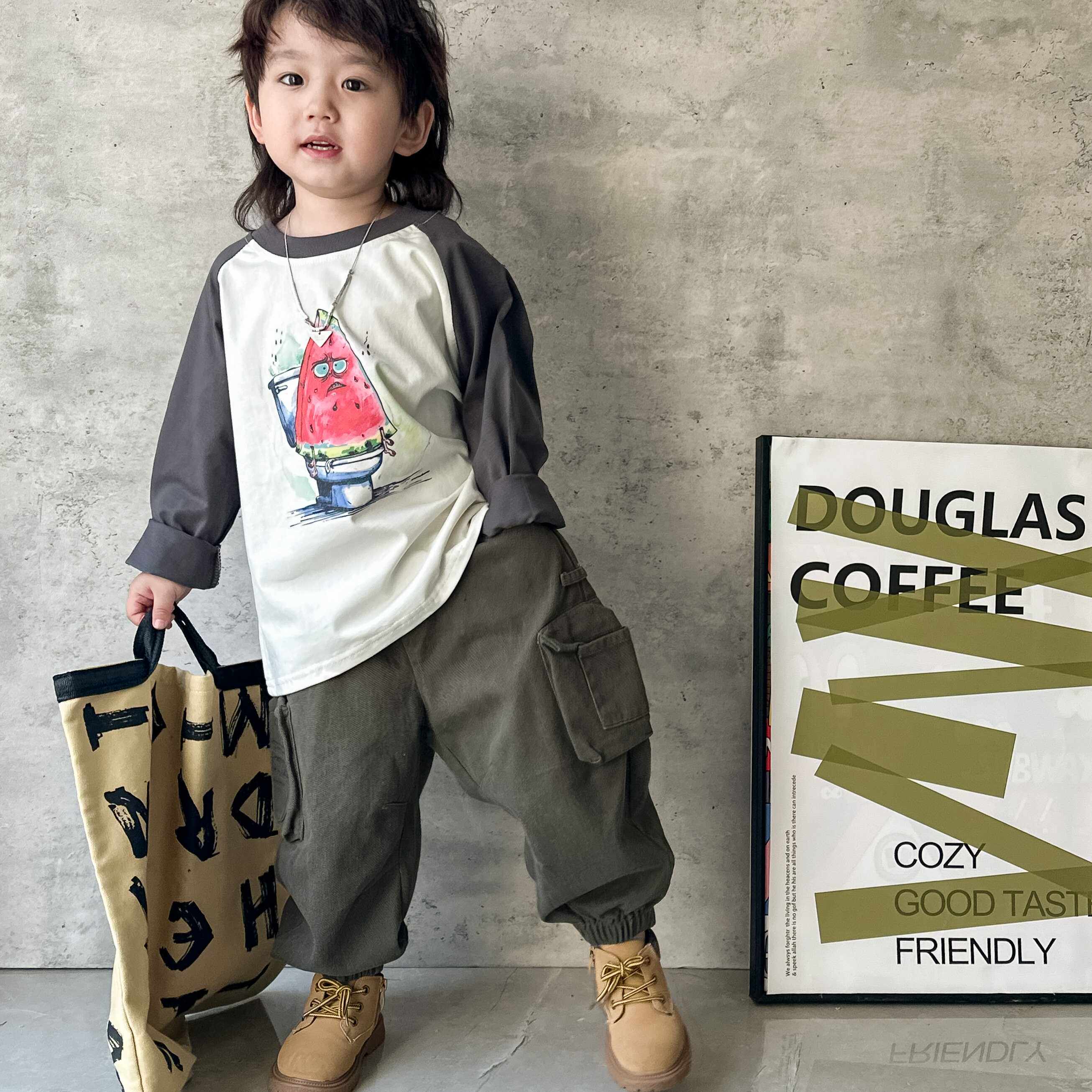 娇气妈儿童长裤2024秋男童口袋工装休闲裤宝宝拼色打底长袖T恤潮