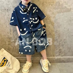 娇气妈儿童牛仔短袖衬衣2024夏新款男童笑脸衬衫宝宝短裤两件套装