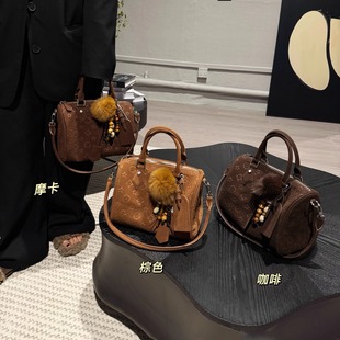 磨砂皮波士顿枕头包女百搭复古通勤手提包大容量麂皮绒斜挎托特包