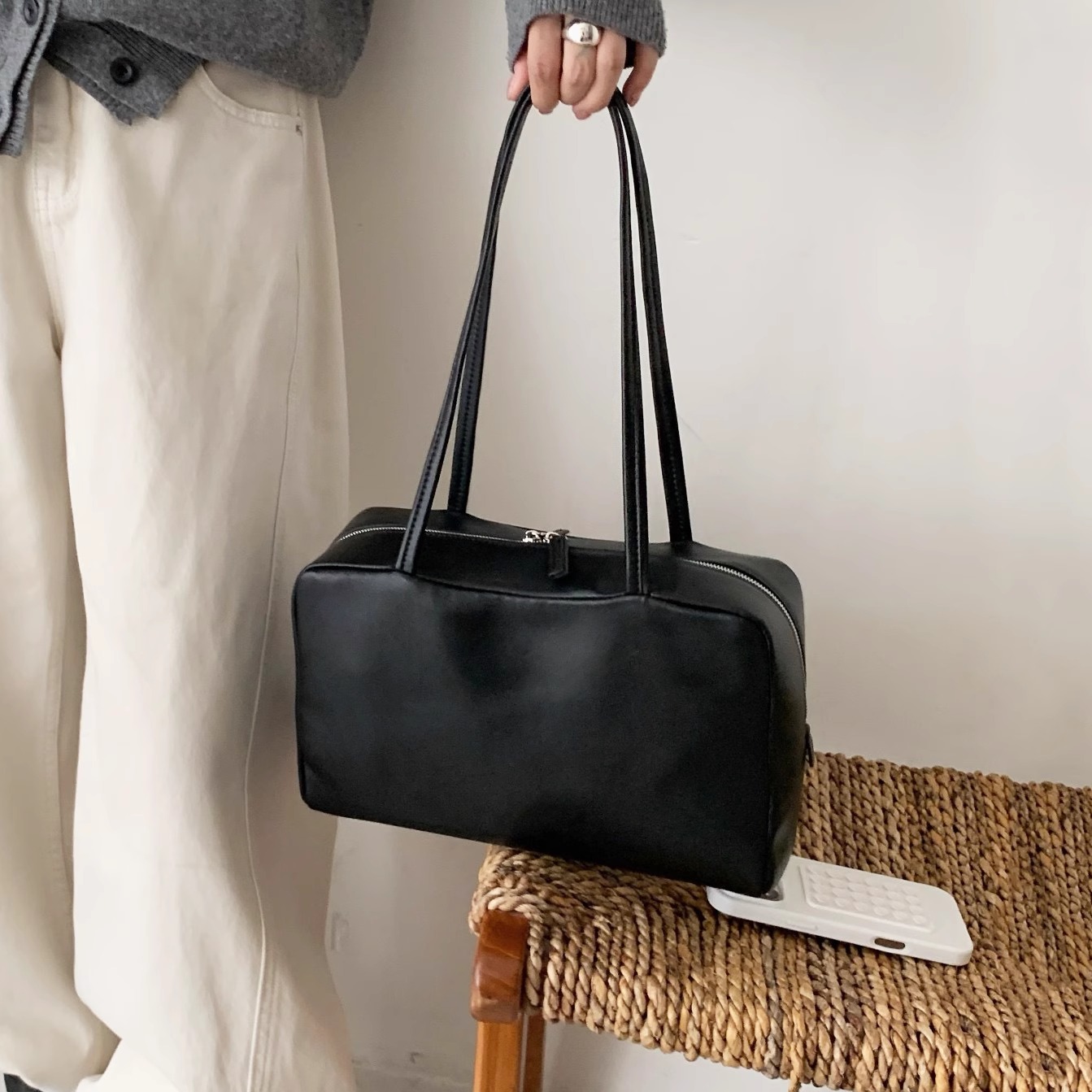 羊皮保龄球包女大容量单肩托特包