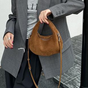 磨砂牛皮饺子包云朵包女高级感小众手提包复古麂皮绒斜挎包托特包