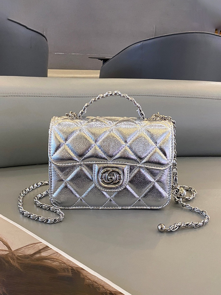 欧洲站真皮手拎小包包女高级感小香风菱格链条包银色斜挎包小方包,箱包皮具/热销女包/男包,小方包,淘宝优惠券,粉丝福利购,淘宝优惠卷