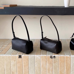 头层羊皮笔筒包女极简百搭小众腋下保龄球包真皮单肩斜挎包枕头包