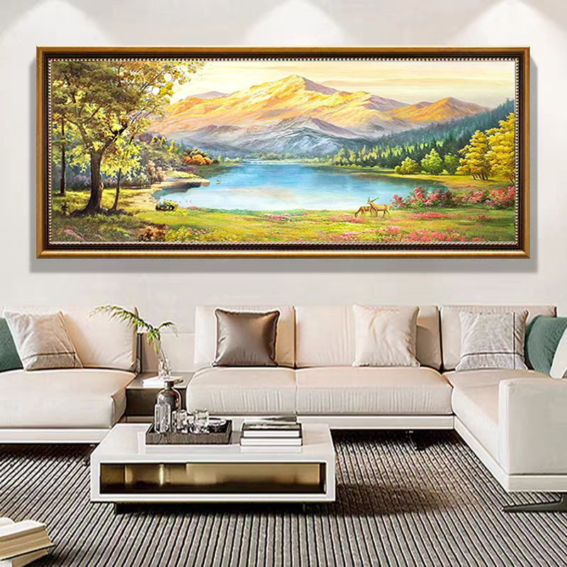纯手绘油画金山聚宝盆靠山风景山水画鹿客厅沙发背景墙装饰画挂画图片