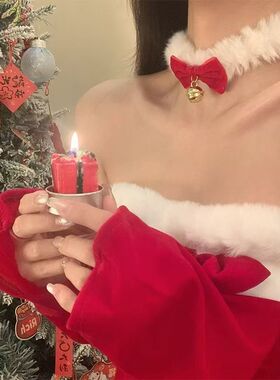 圣诞节红色丝绒蝴蝶结铃铛项圈女毛绒choker颈项链锁骨链配饰品