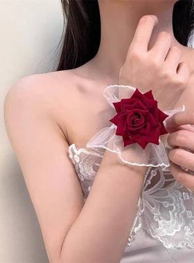 洛丽塔手腕花暗黑系玫瑰花红色手袖蕾丝花朵荷叶边手环女礼服袖套