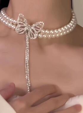 新款超仙气质法式蝴蝶复古双层项链珍珠轻奢高级设计锁骨百塔颈链