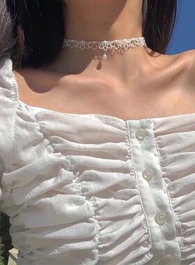 仙美蕾丝花边choker一颗珍珠吊坠颈链韩国个性款项链女锁骨链X356