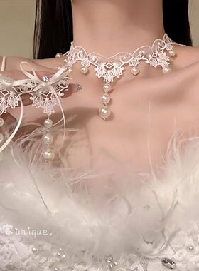 lolita颈饰复古蕾丝新款法式浪漫蕾丝珍珠项链新娘礼服锁骨链颈链