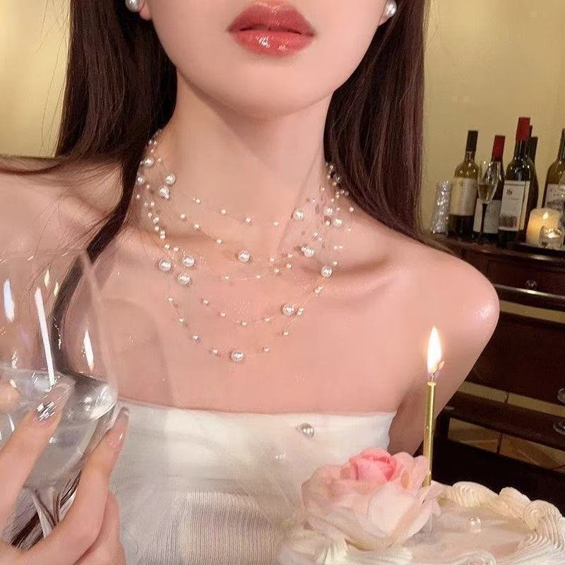 法式复古多层珍珠满天星锁骨链女甜美优雅气质高级感项链秋冬新款