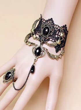 韩版时尚蕾丝玫瑰手链戒指一体链复古宫廷风手链哥特风手饰配饰品