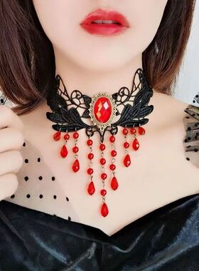 欧美时尚潮流哥特洛丽塔蕾丝项链锁骨链网红黑色朋克配饰项圈颈带