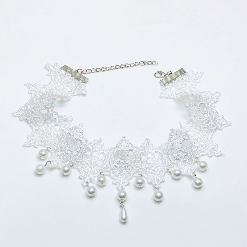 【高颜值】白色蕾丝珍珠流苏项链女款颈链复古优雅礼服配饰脖子链