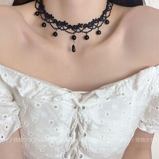 万圣节复古蕾丝花边珍珠吊坠流苏颈链choker洛丽塔颈带锁骨链项链