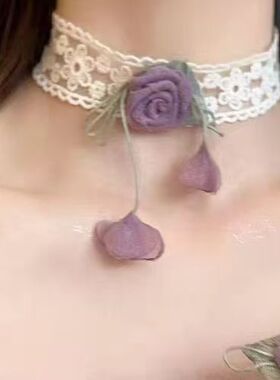 超仙玫瑰花蕾丝颈带海边度假风氛围感花朵项链女锁骨链脖颈链配饰