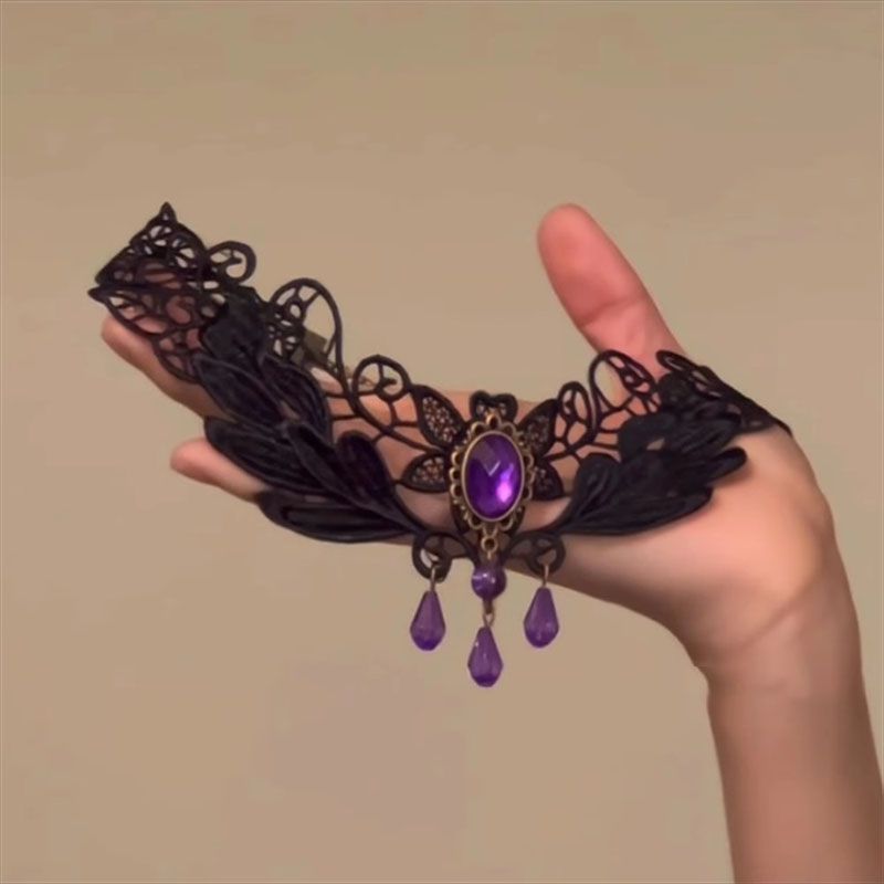 复古宫廷风 暗黑哥特蕾丝紫色锆石流苏项链锁骨链choker项圈配饰