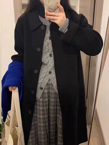 Черное шерстяное пальто, куртка, демисезонный длинный пуховик, увеличенная толщина, изысканный стиль, 2025 года, средней длины, подходит для подростков