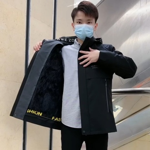 派克服男士 帽水貂内胆皮毛一体尼克服海宁仿皮草貂皮大衣外套 短款