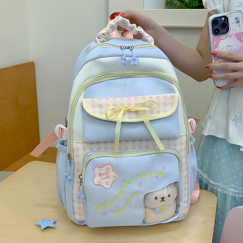 可爱格子日系少女痛包双肩包初高中学生多隔层大容量书包旅行背包
