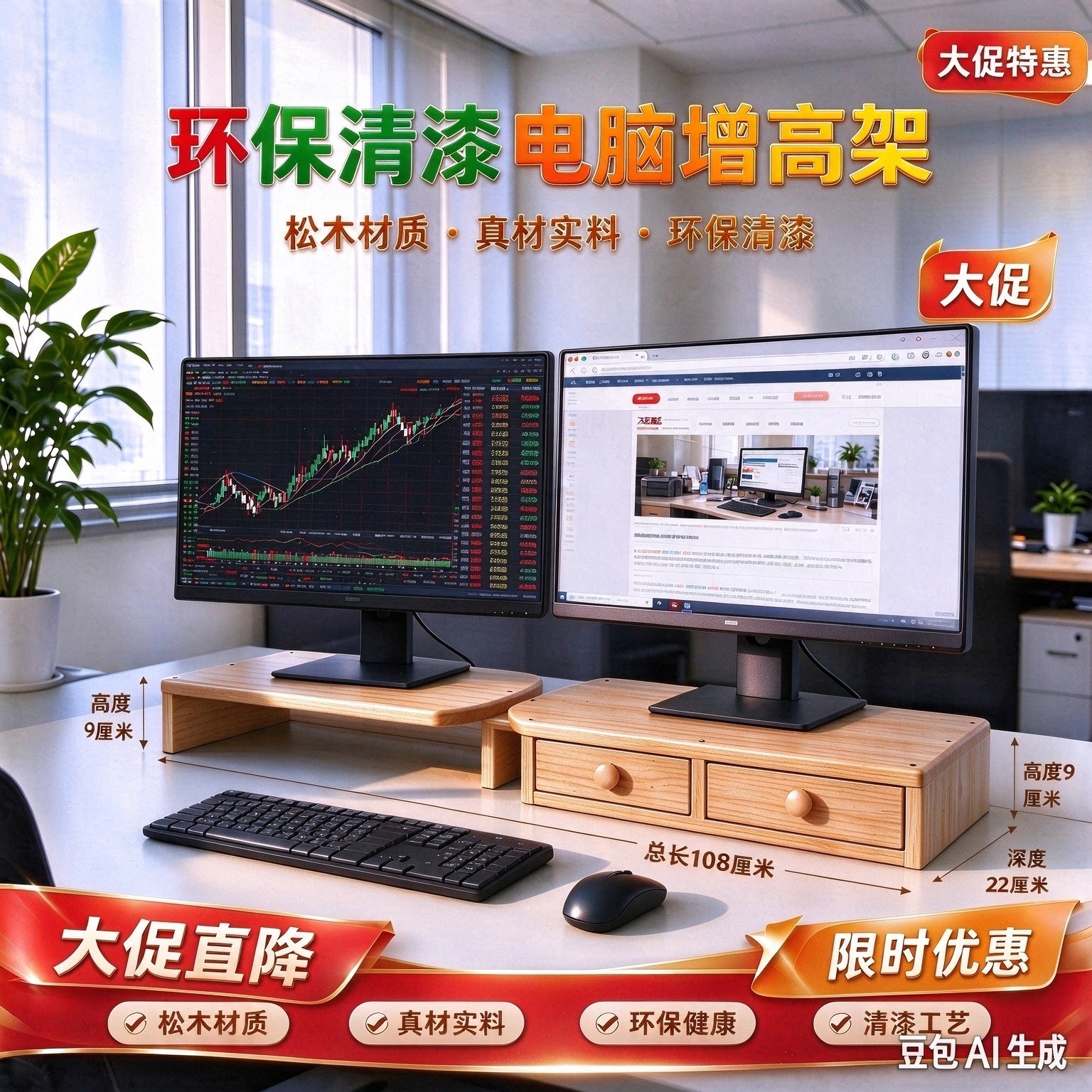 双抽屉实木增高架置物架