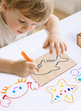 儿童木质绘画模板木盒装画画工具套装幼儿园小学生初学涂鸦玩具
