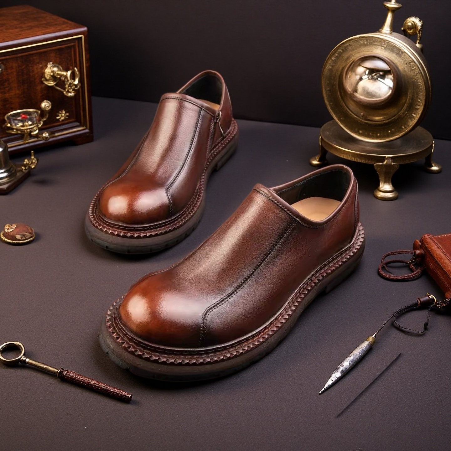 大码新款固特异手工皮鞋男英伦复古套脚拉链厚底大头休闲真皮乐福