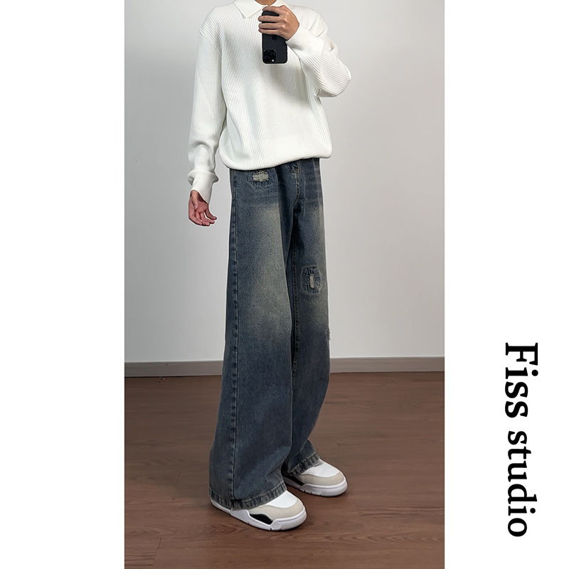 美式设计感破洞牛仔裤男春高街做旧水洗阔腿长裤vibe宽松直筒裤子，男装牛仔裤，星座511-1