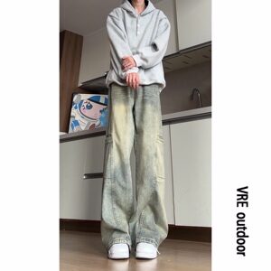 美式新款潮流水洗直筒阔腿工装牛仔裤男女设计感拼接做旧休闲长裤图片