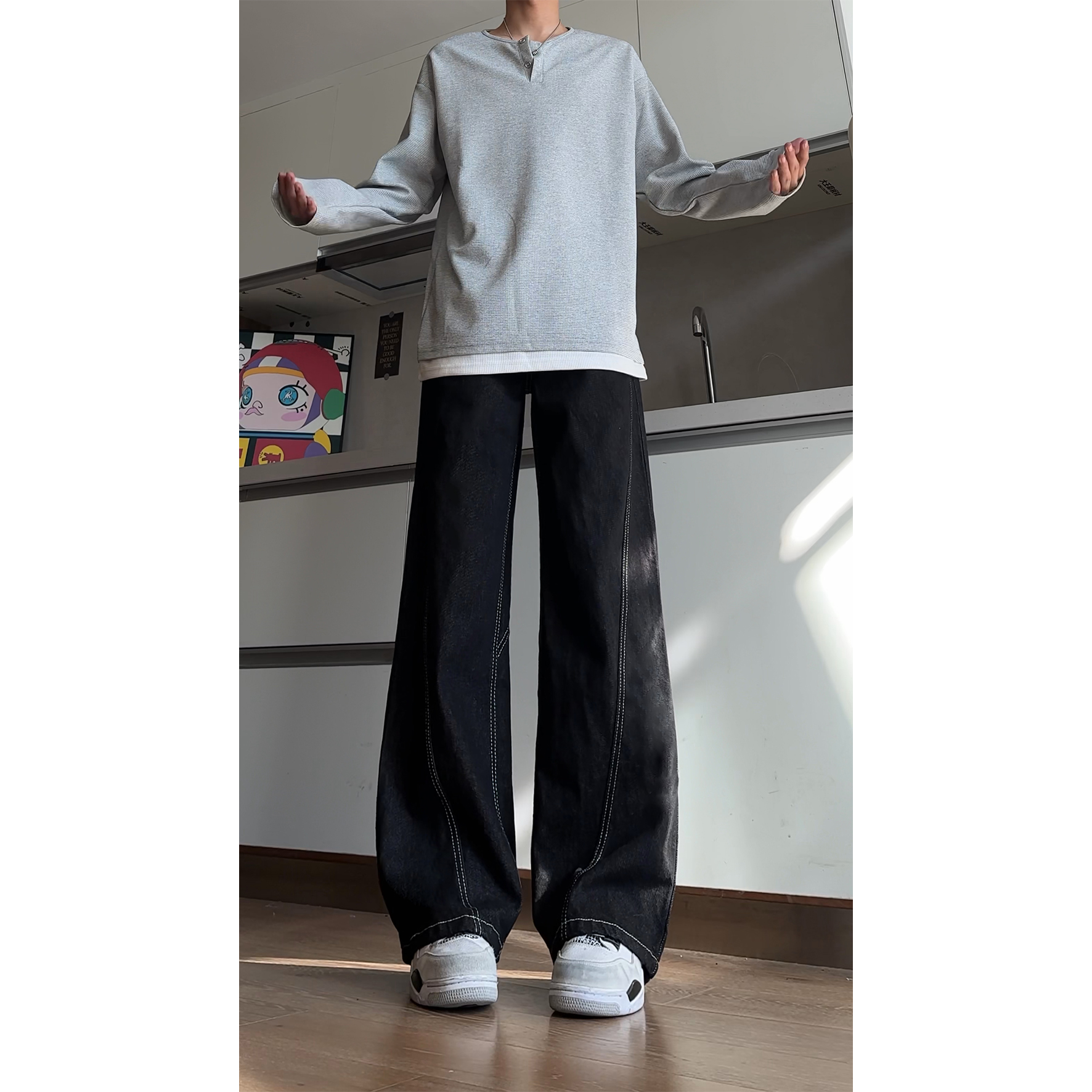 美式休闲设计感辑明线装饰黑色牛仔裤复古高街百搭cleanfit长裤，男装牛仔裤，星座511-1